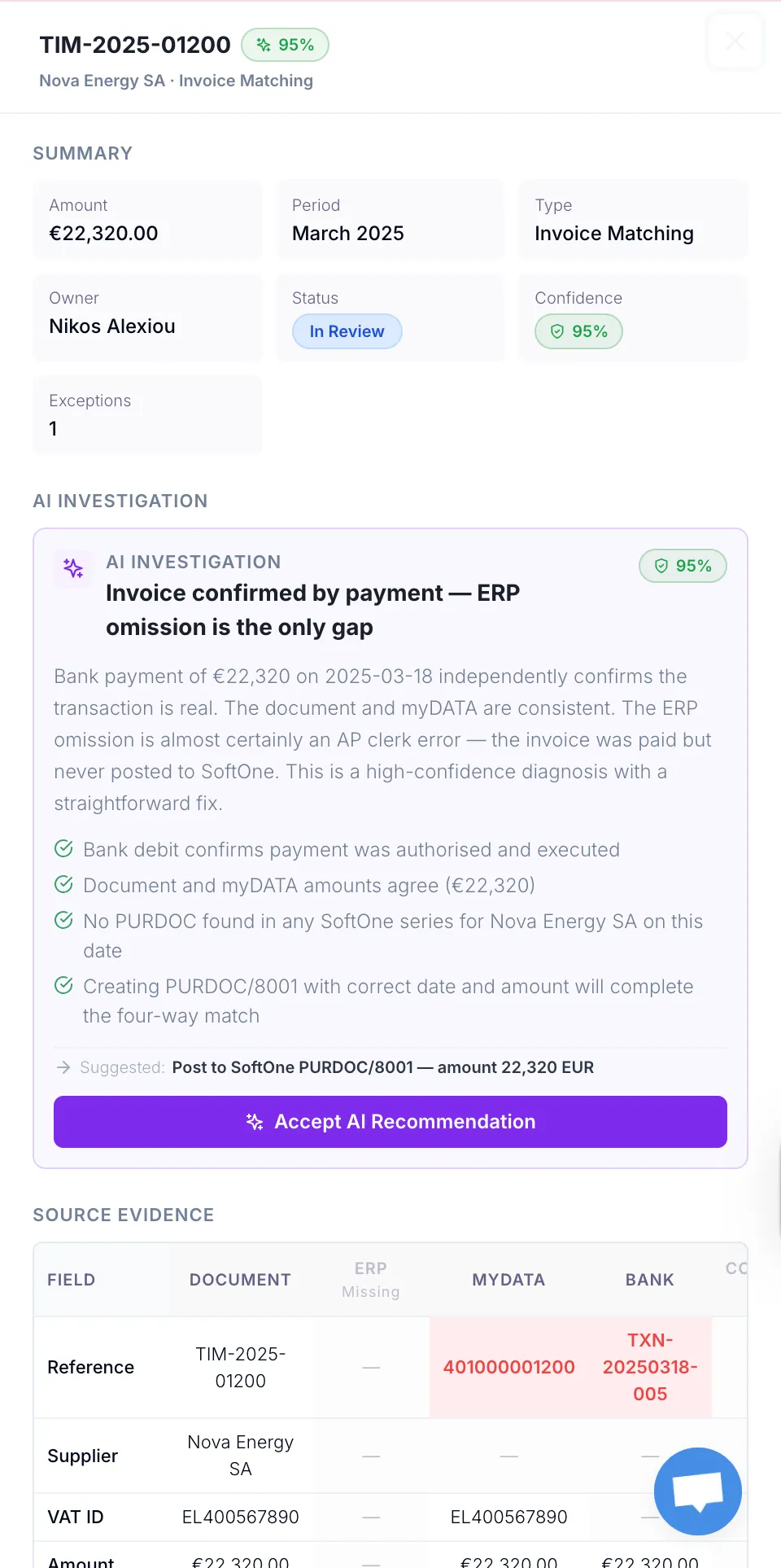 AI investigation panel with reconciliation summary