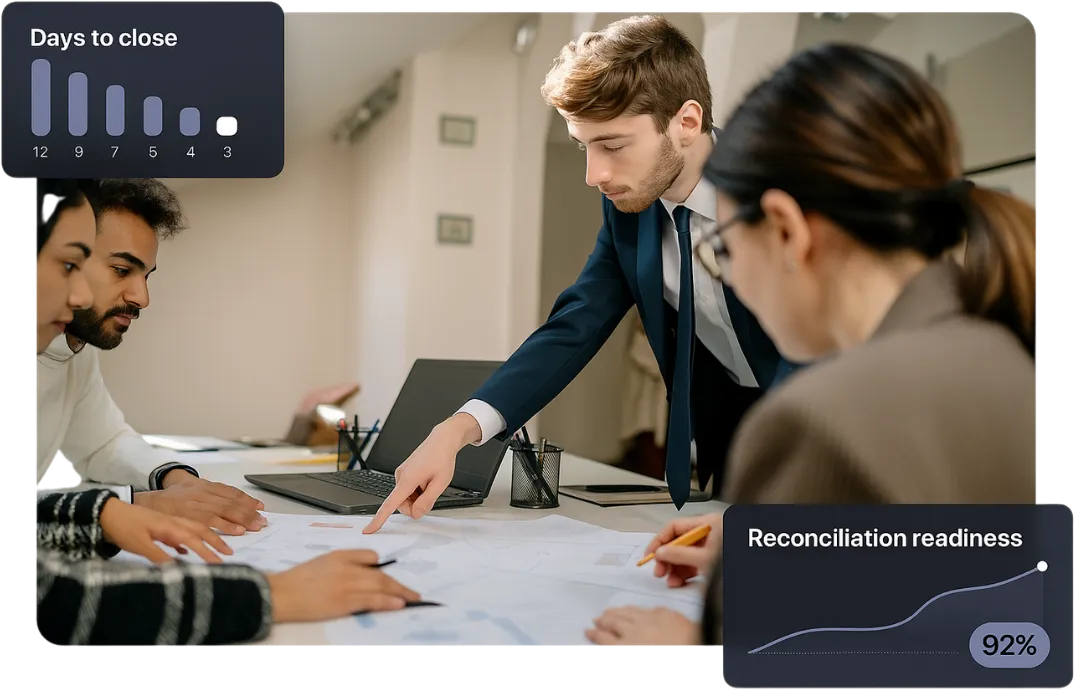 A finance team collaborating around a desk, with a TaxLayer Days to close bar chart and Reconciliation readiness line chart overhanging the photo frame